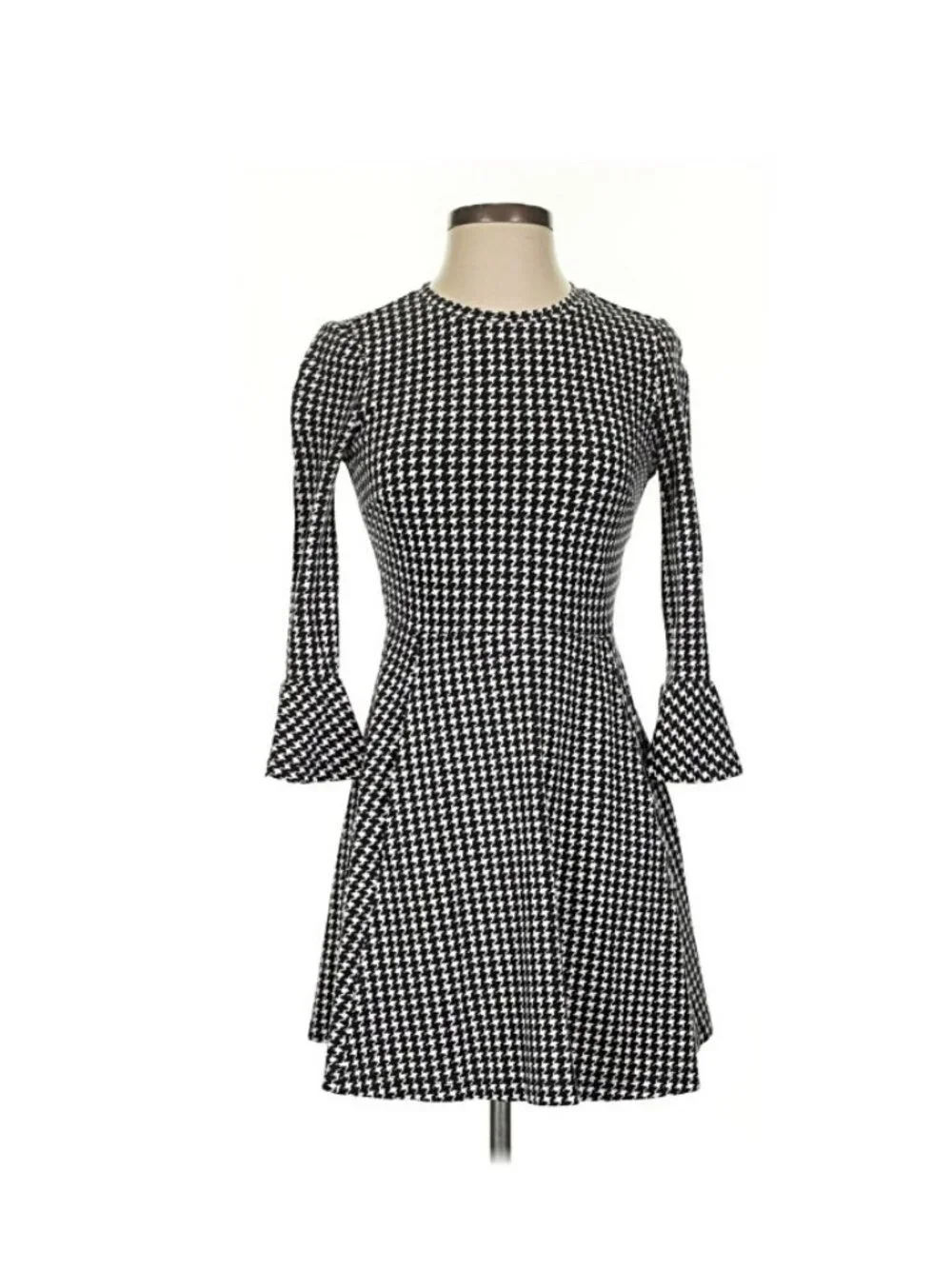 Kate Spade Dress Sz XS Black White Houndstooth Fit Flare Bell Sleeve Preppy Work